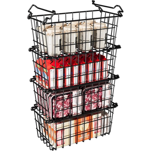 4Pcs Freezer Organizer(0Pcs Expandable Hanging Refrigerator Basket and 4Pcs Stackable Freezer Containers),Black Wire Basket for Freezer&Upright Freezer