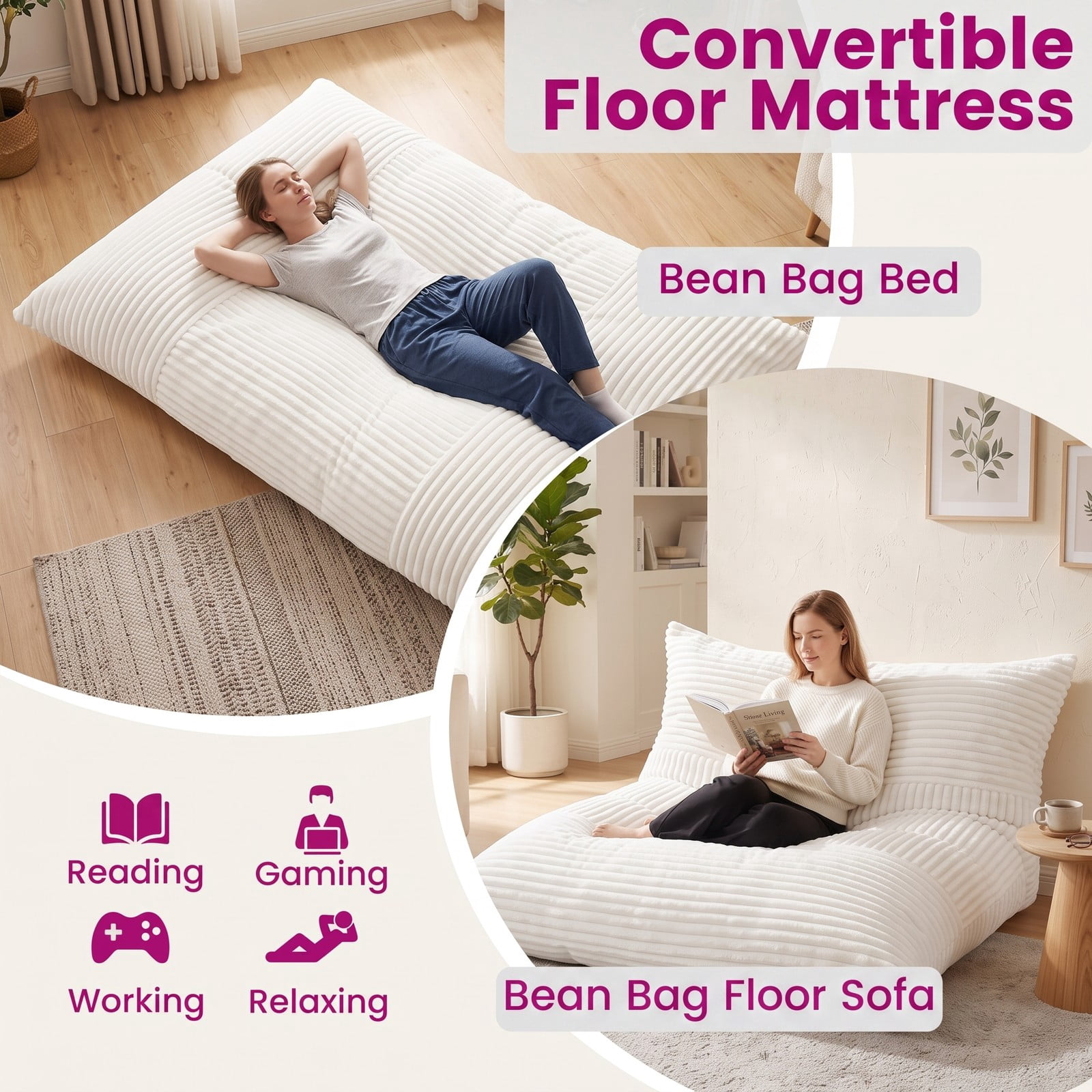 Furnibear Convertible Bean Bag Floor Sofa with Machine-Washable Corduroy Cover, Shredded Foam Lounger Bean Bag Bed for Dorm Living Room Reading Gaming, Beige