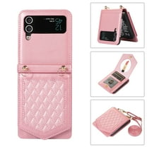 Dteck Case for Samsung Galaxy Z Flip 3 5G,Magnetic Leather Card Slots Wallet Case Shockproof Hard PC Cover with Shoulder Strap,Rosegold