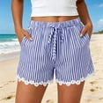 thumbnail image 2 of Besolor Striped Shorts for Women High Waisted Drawstring Wide Leg Lace Patchwork Lightweight Casual Summer Beach Shorts with Pocket, 2 of 7