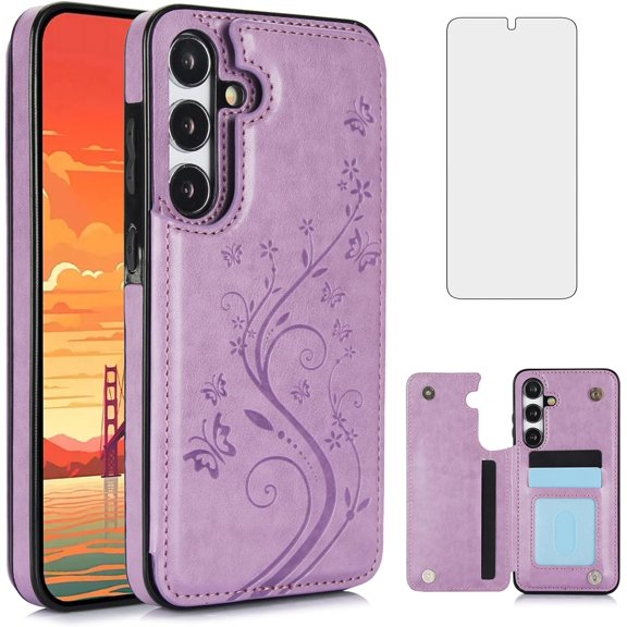 Phone Case for Samsung Galaxy S24 Plus S24 5G with Tempered Glass Screen Protector Card Holder Wallet Cover Stand Flip Leather Cell Accessories S24plus 24S S 24 24 2024, 6.7 inch Women Men Purple