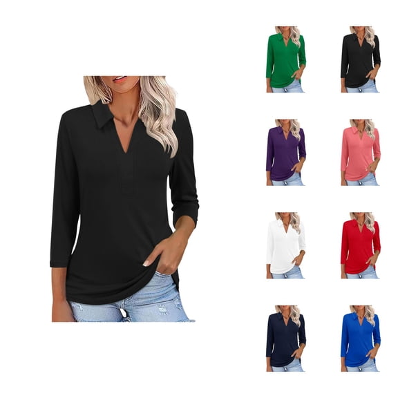 3/4 Length Sleeve Womens Tops Spring Summer Casual V Neck Collared Plain T Shirts Blouse Dressy Casual Work Shirt