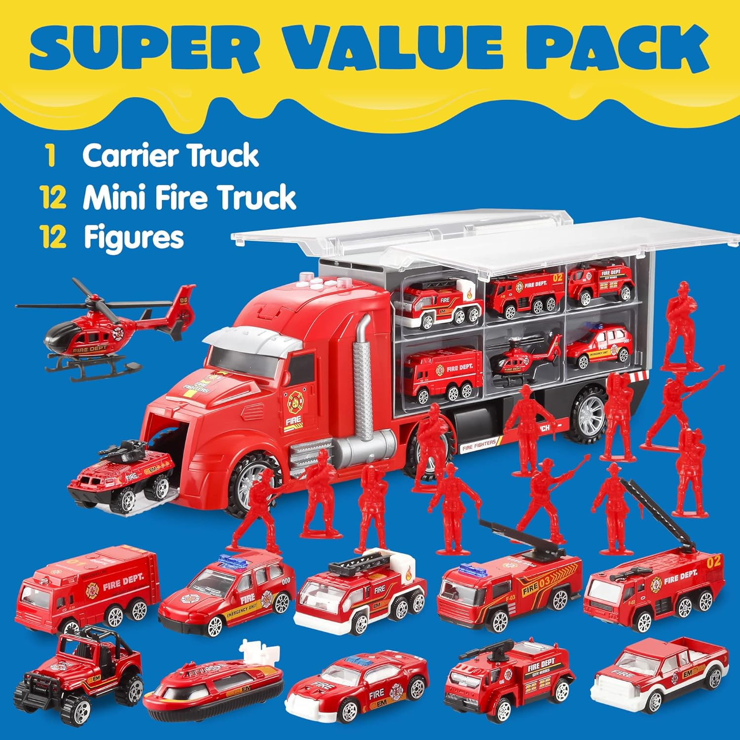 Joyfy 25 in 1 Die-cast Fire Truck Big Toys, Car Transporter Storage Truck with Sounds and Lights, Christmas and Birthday Gifts for Toddlers Kids Boys & Girls