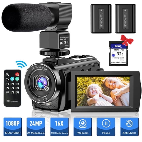 Video Camera Camcorder YouTube Vlogging Camera With 32G SD Card FHD 1080P 30FPS 24MP 16X Digital Zoom 3" LCD 270 Degrees Rotatable Screen with Microphone,2 Batteries