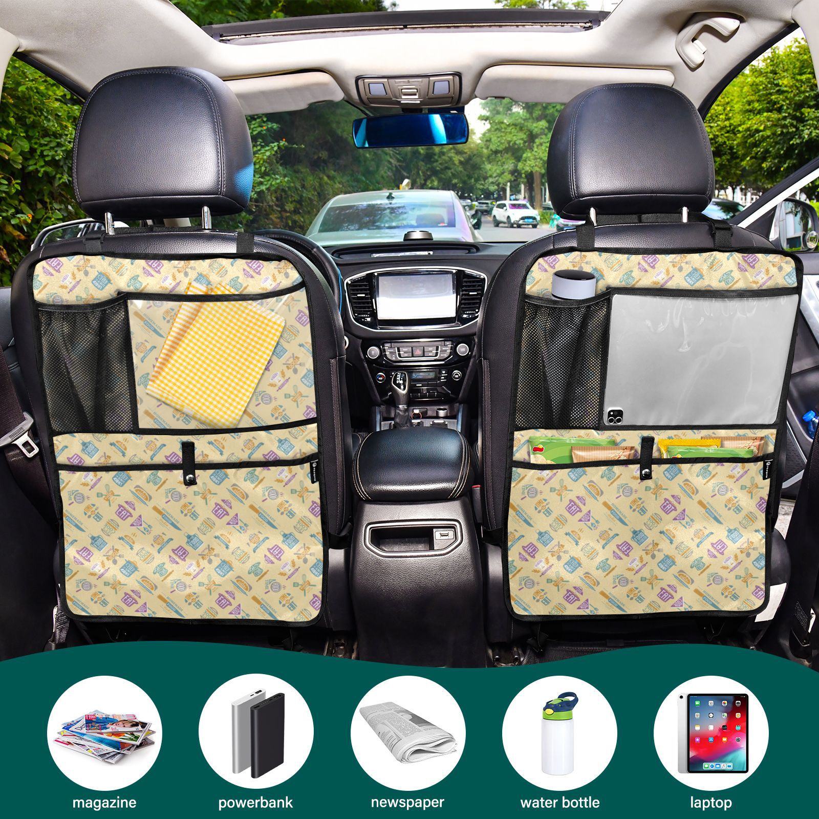 Food themed seamless pattern 135 Pack Backseat Protector Seat Covers for Your Car, SUV, Minivan or Truck Seats - Vehicle Back Seat Safety Accessories - Universal Fit Automotive Interior Protectors