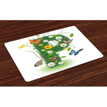 Ambesonne Letter P Place Mats Set of 4, Lively Summer Wings, Standard Size, Green Multicolor