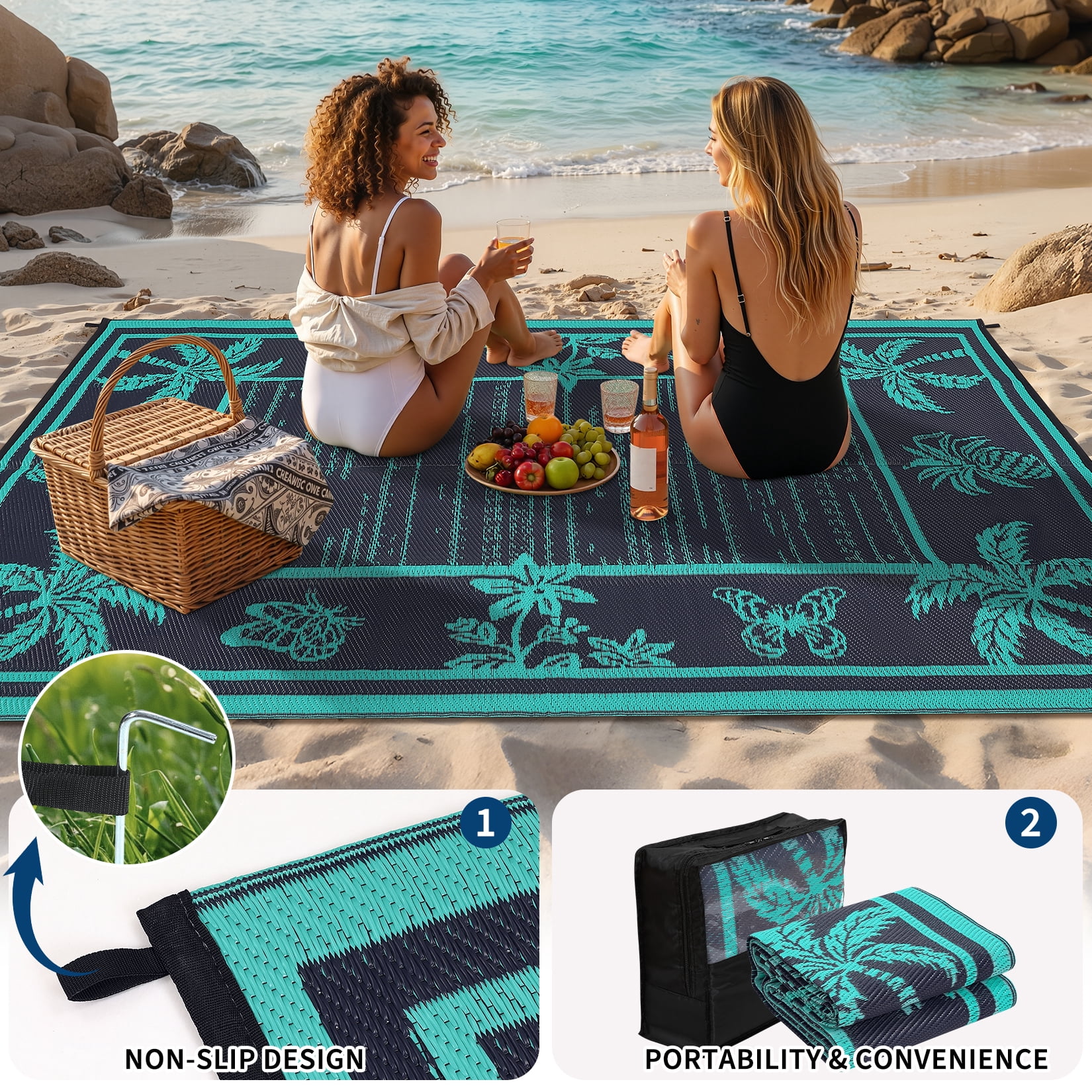 Nanan 8'x10' Outdoor Patio Rug, Waterproof Reversible Camping Rug, Portable Foldable Floor Cover for Picnic, Beach, Deck, Backyard, Dark Blue Green Black