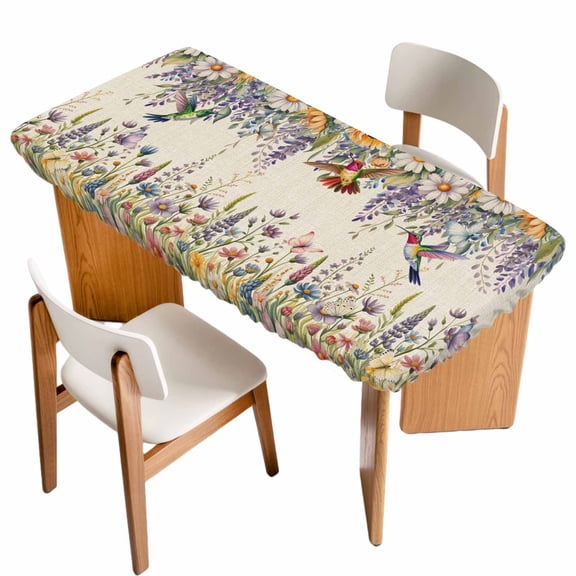 Spring Floral Table Cloths for 4 Foot Rectangle Tables, Daisy Sunflowers Wisteria Hummingbird Beige Patio Waterproof Elastic Fitted Tablecloths, Washable Rectangular Table Cover for Camping