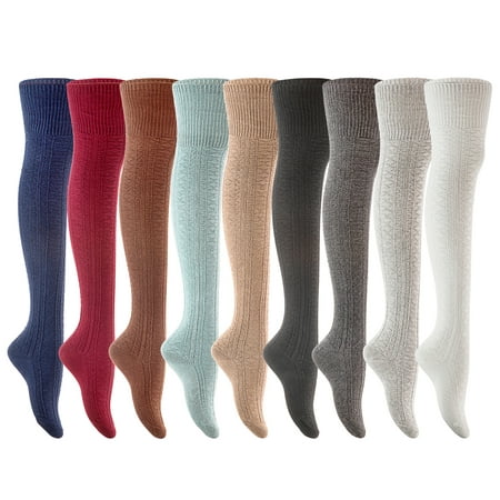 Lian Style Women's 3 Pairs Fashion Thigh High Cotton Socks Size 6-9(Cream, Beige,