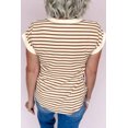 thumbnail image 2 of Casual Khaki Stripe T-Shirt for Women – Short Sleeve Round Neck Top with Button Detail, M, 2 of 7