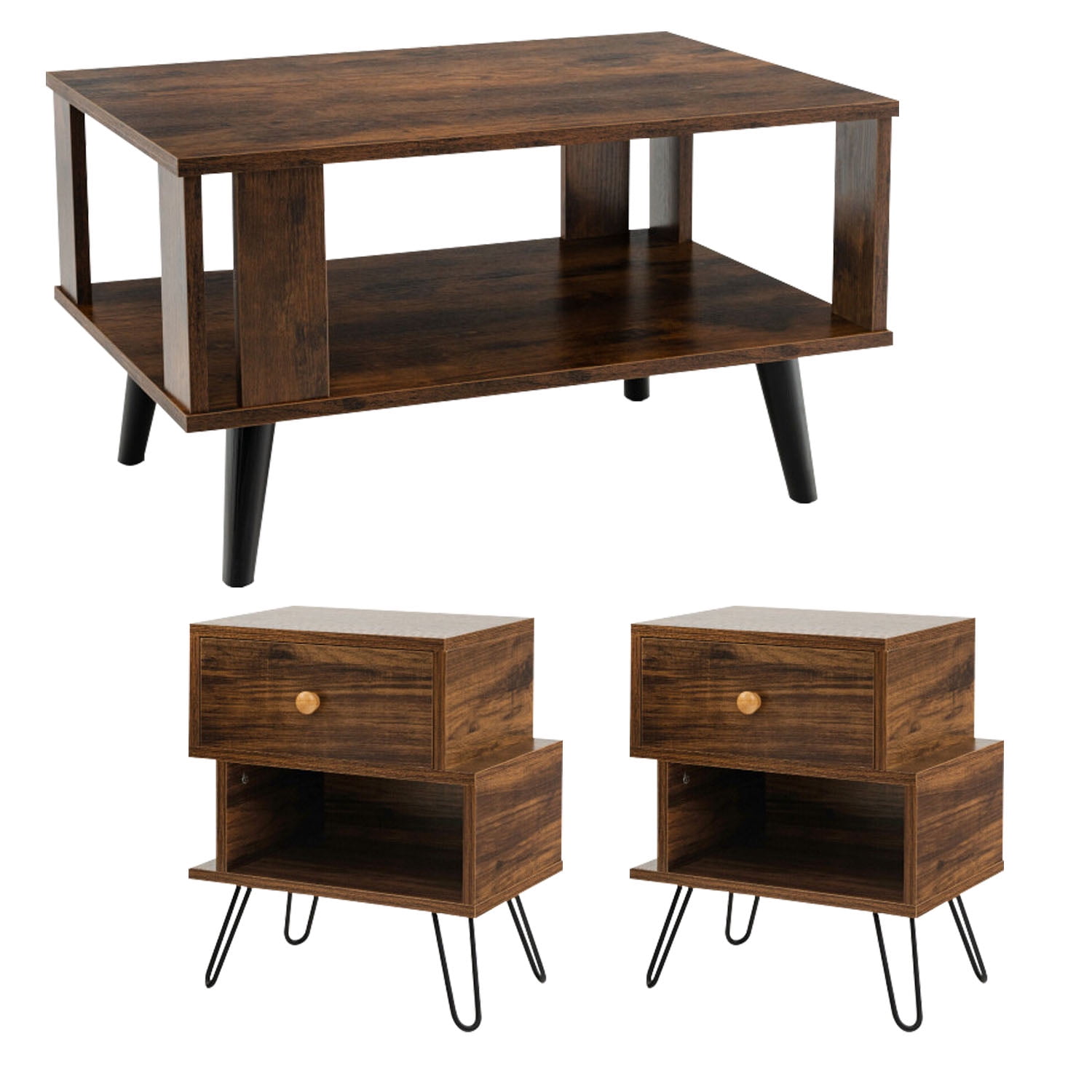 Demi Bonn 3-Piece Coffee Table Set, Compact Retro Mid-Century Coffee Table & 2 Irregular 2-Tier Wooden Nightstands with Elevated Metal Feet, for Living Room, Brown