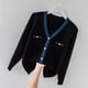 thumbnail image 4 of Suéter informal de cuello en V para mujer, ropa de moda para primavera e invierno, cárdigan elegante con contraste, blusa de oficina de manga larga, top suave y cómodo, 4 of 5