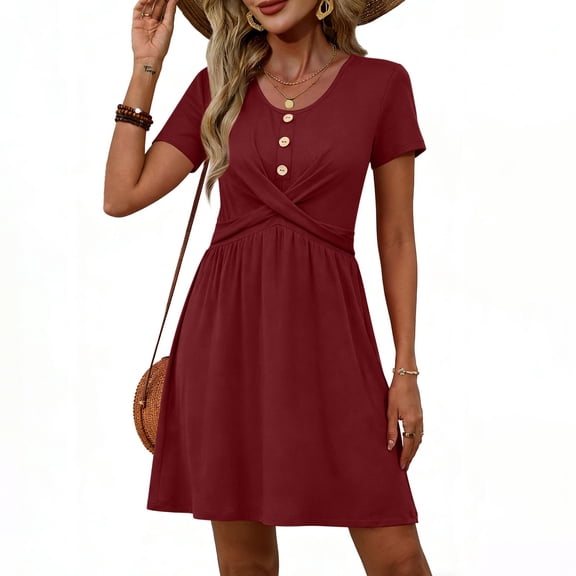 Xdegoge V Neck Dress for Women A Line Short Sleeve Button Down A Line Dresses Solid Color Crossover Twist Waist Cute Dresses Casual Spring Party Wear