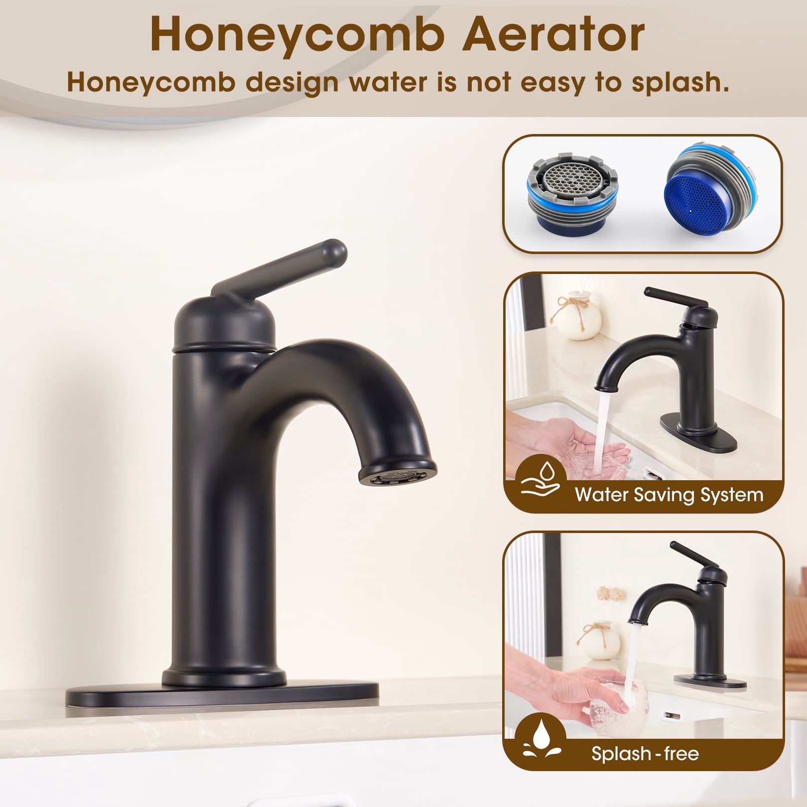 Wowkk Brass Bathroom Faucets Matte Black Bathroom Sink Faucets Single Handle Vanity Faucets Pop-Up Drain Included, Modern RV Faucet with Water Supply Line and Deck Mount 1 or 3 Hole