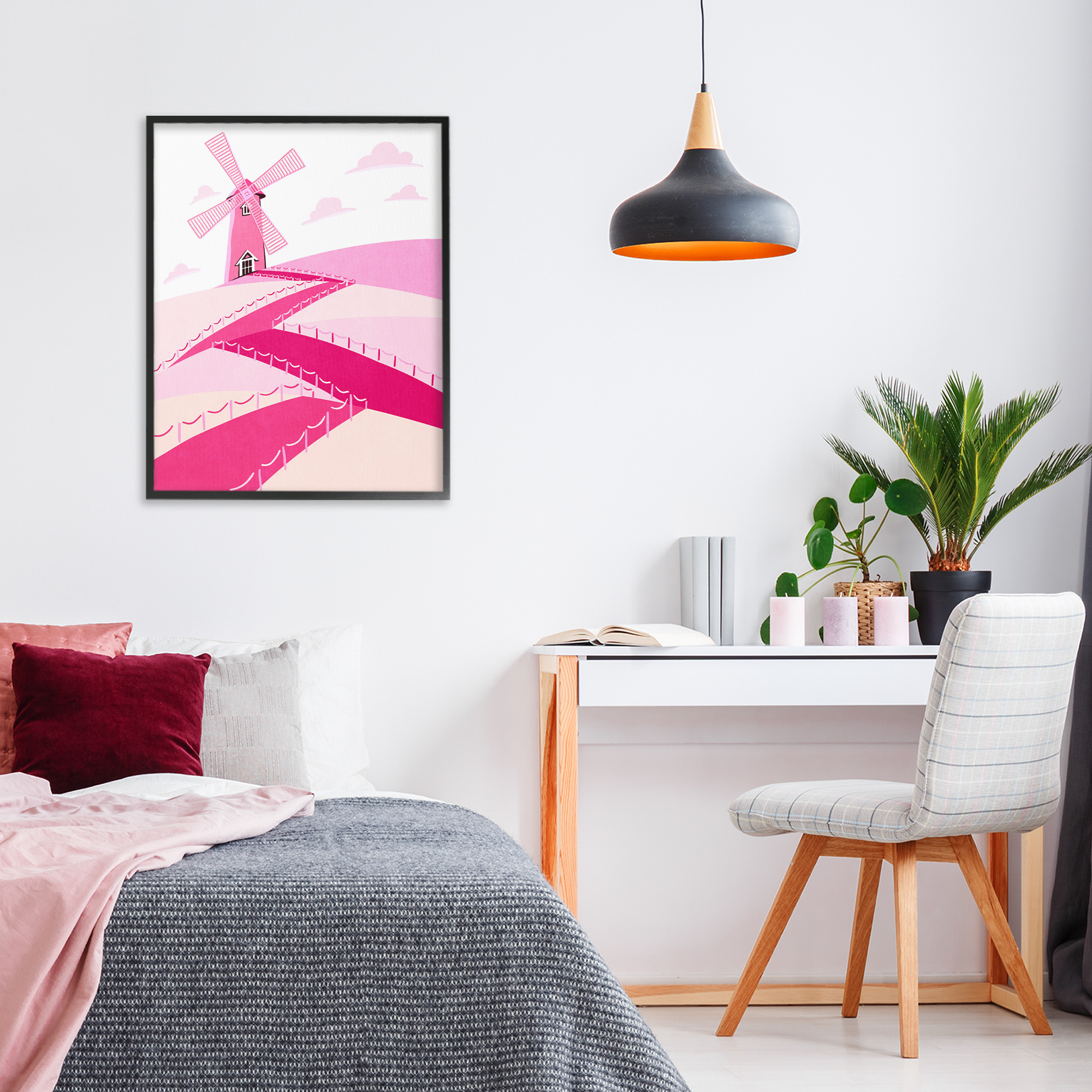 Pink Hills and Windmill Black Framed Giclee Art, design by Ziwei Li