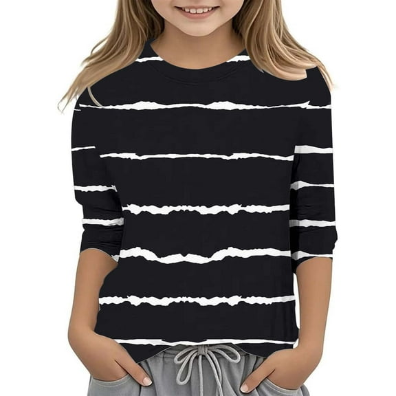 Big Kid Girls's Printed Fashionable Versatile Round Neck 3/ 4 Quarter Sleeve Casual T Shirt Top Girl Tops Long Long Tops for Girls 18 Years Teen Girls Camisole Crop Top Dance Cute 9-10 Years Black
