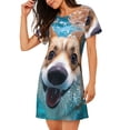 thumbnail image 2 of Honeii Sea Swimming Corgi Print Women's Loose Short Sleeve Nightgown, Soft Cotton Sleepwear, Comfy Loose Fit Pajama Dress for Sleep and Lounge, 2 of 6