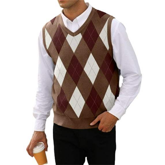 Langwyqu Argyle Pattern Men V-Neck Sleeveless Knit Sweater Vest Pullover
