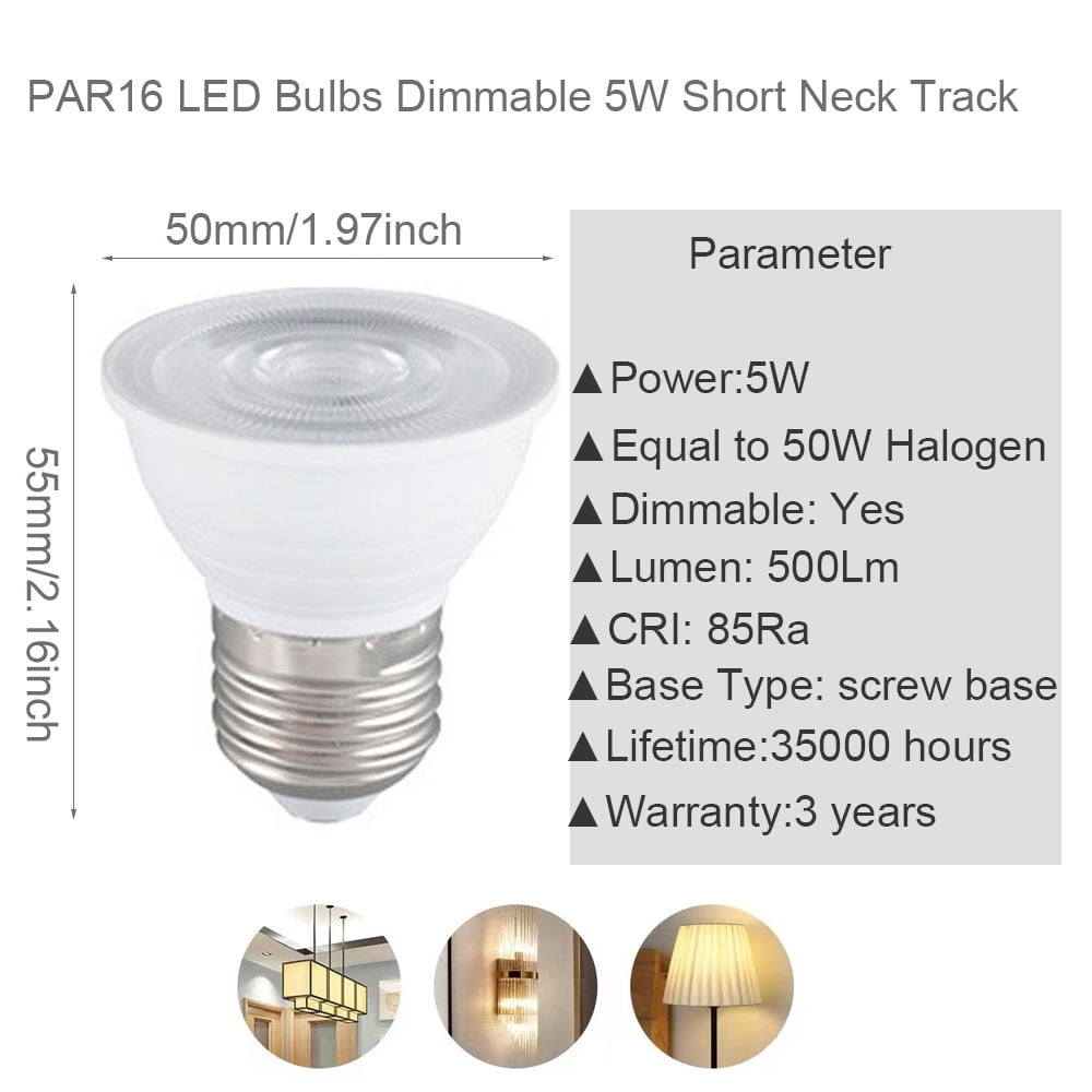 PAR16 LED Light Bulb Short Neck 3000K,Dimmable,5W, 500LM, LED Flood Lights (50W Halogen Bulb Equivalent) Recessed Spotlights Floor Lamp,E26 Screw Base Pot Ceiling Lights,10 Pack Warm Whte