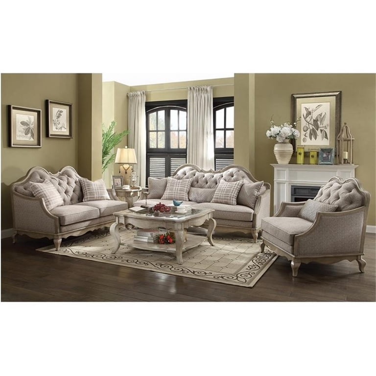 Acme Furniture Sofa (w/5 Pillows), Beige Fabric & Antique Acme Furniture Sofa (w/5 Pillows), Beige Fabric & Antique