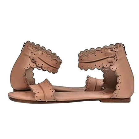 

huanledash Retro Women Summer Casual Anti-skid Lace Flat Opened Toe Zipper Sandals Shoes