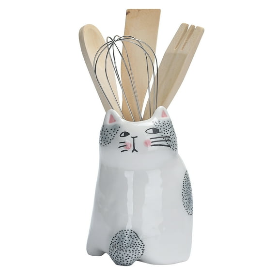 Bico Cat Design Utensil Holder, Handpainted Stoneware, Dishwasher Safe