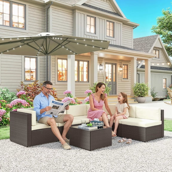 Outsunny 7 Piece Patio Furniture Set, All Weather PE Rattan Outdoor Furniture Conversation Sets with Cushions, Glass Top Coffee Table, Cream White