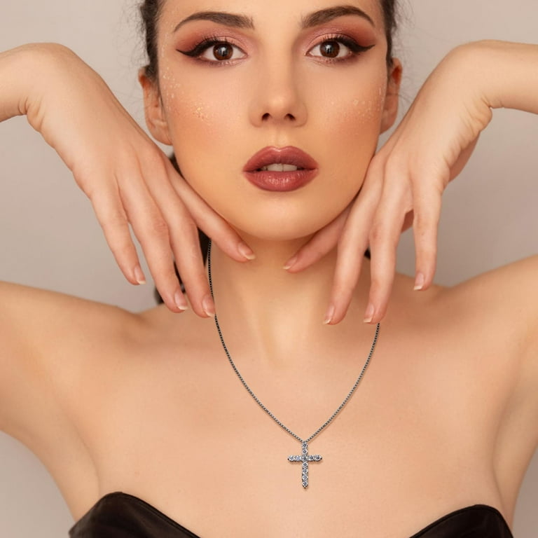 Herrnalise Classic Cross Pendant Necklace with NaturalRound Diamonds Set in 925 Silver Plated with 18 Inch Silver Cable Chain