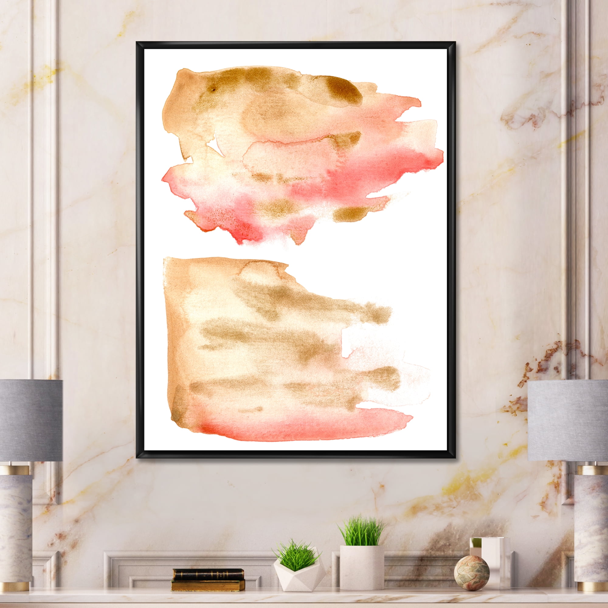 Red Pink Gold and Beige Abstract Clouds 12 in x 20 in Framed Painting Canvas Art Print, by Designart