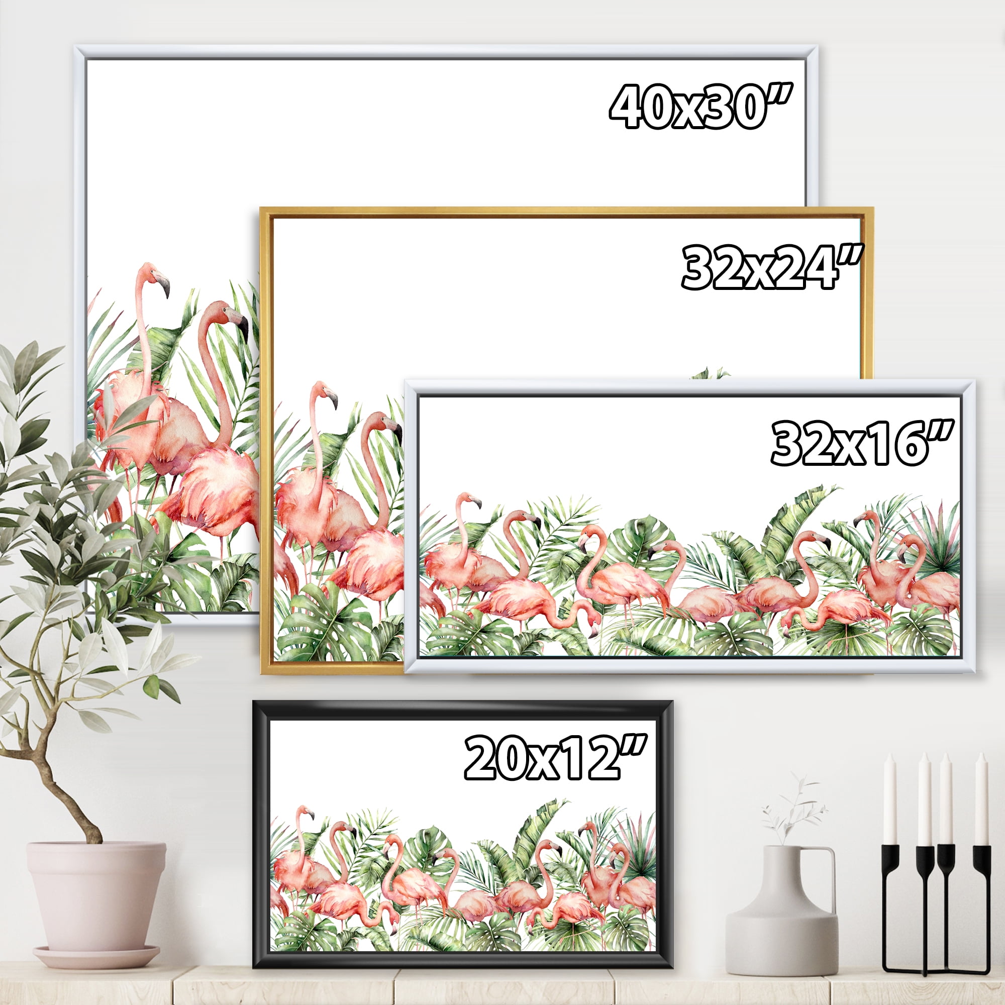 Designart 'Palm Leaves and Pink Flamingos Tropical Birds' Traditional Framed Canvas Wall Art Print