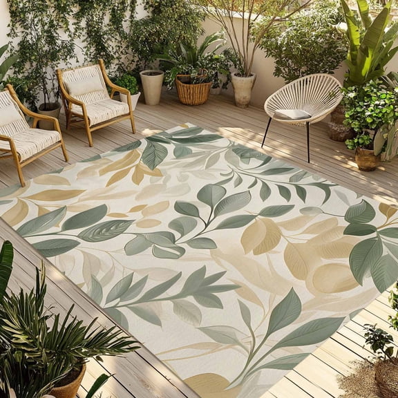 4' x 6' Outdoor Rug, Sage Green Yellow Botanical Outdoor Washable Rug Large Floor Carpet, Spring Summer Vintage Non Shedding Area Rug for Outside Patio RV Porch Deck Balcony Camping Living Room