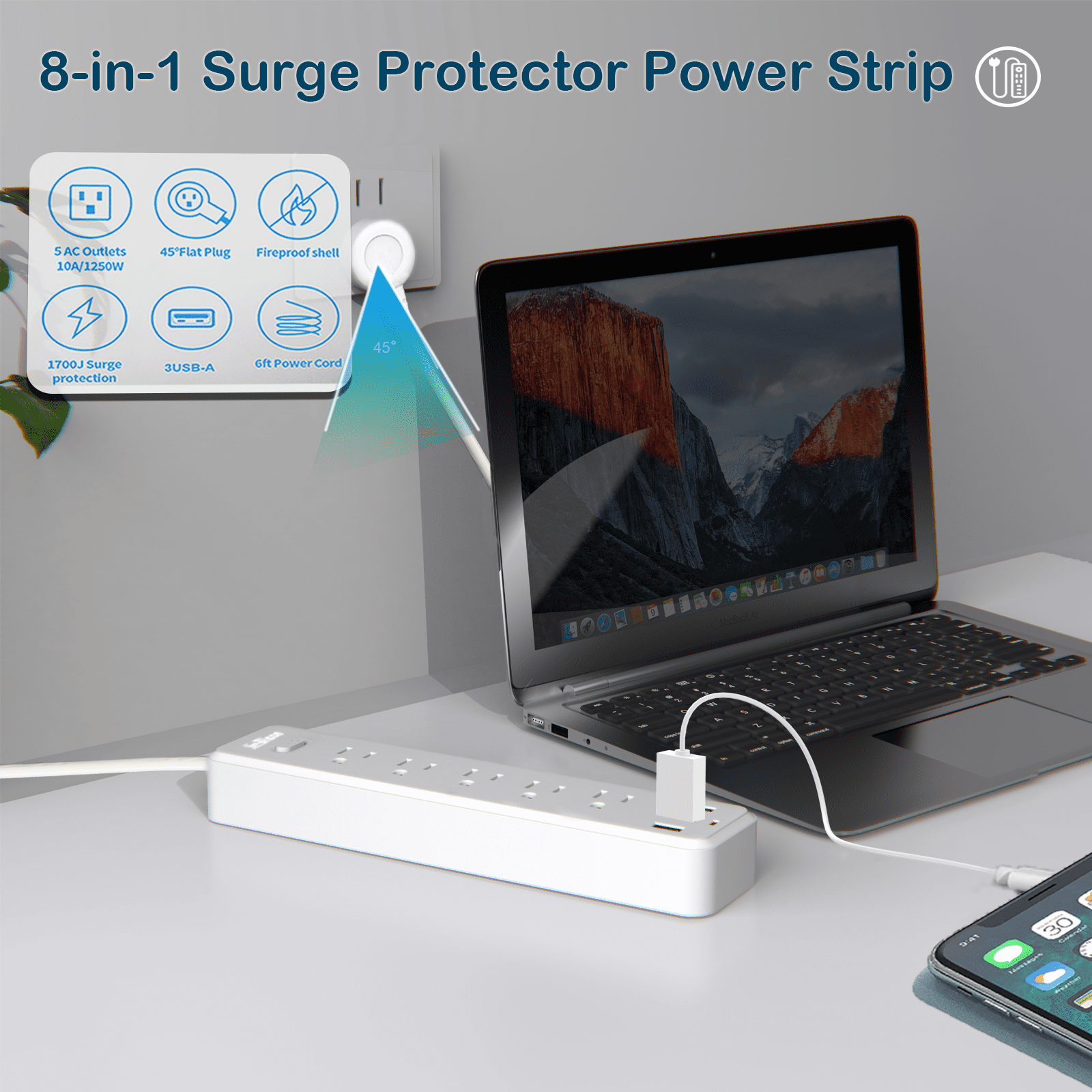 Surge Protector Power Strip with 5 AC Outlets 3 USB Ports 3.3 ft Extension Cords ETL Listed, White