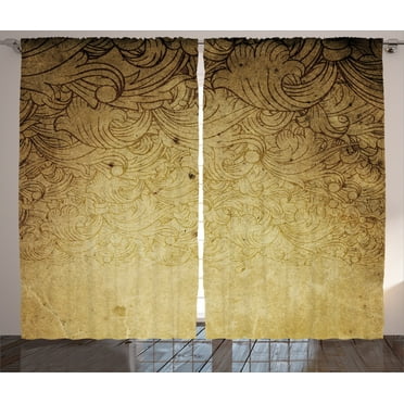Ambesonne Vintage Curtains 2 Panel Set, Brown Floral Ornaments, 108" x 90", Tan
