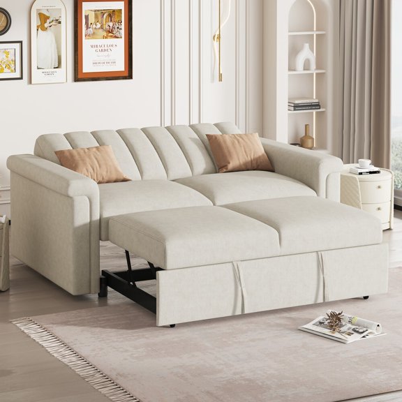 Oufan Soft Cushion Convertible Sofa Pull Bed for Two People to Sit On, 2-Seater Upholstery Couch for Living Room Apartment, Beige