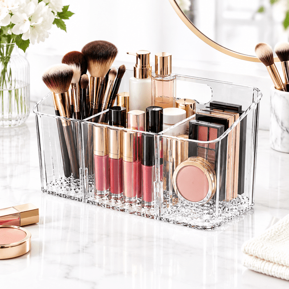 Makeup Organizer Cosmetics Storage Box, Large Capacity Make Up Brush Holder Organizer Vanity Accessories, Bathroom Countertops, Desk Storage Container Clear
