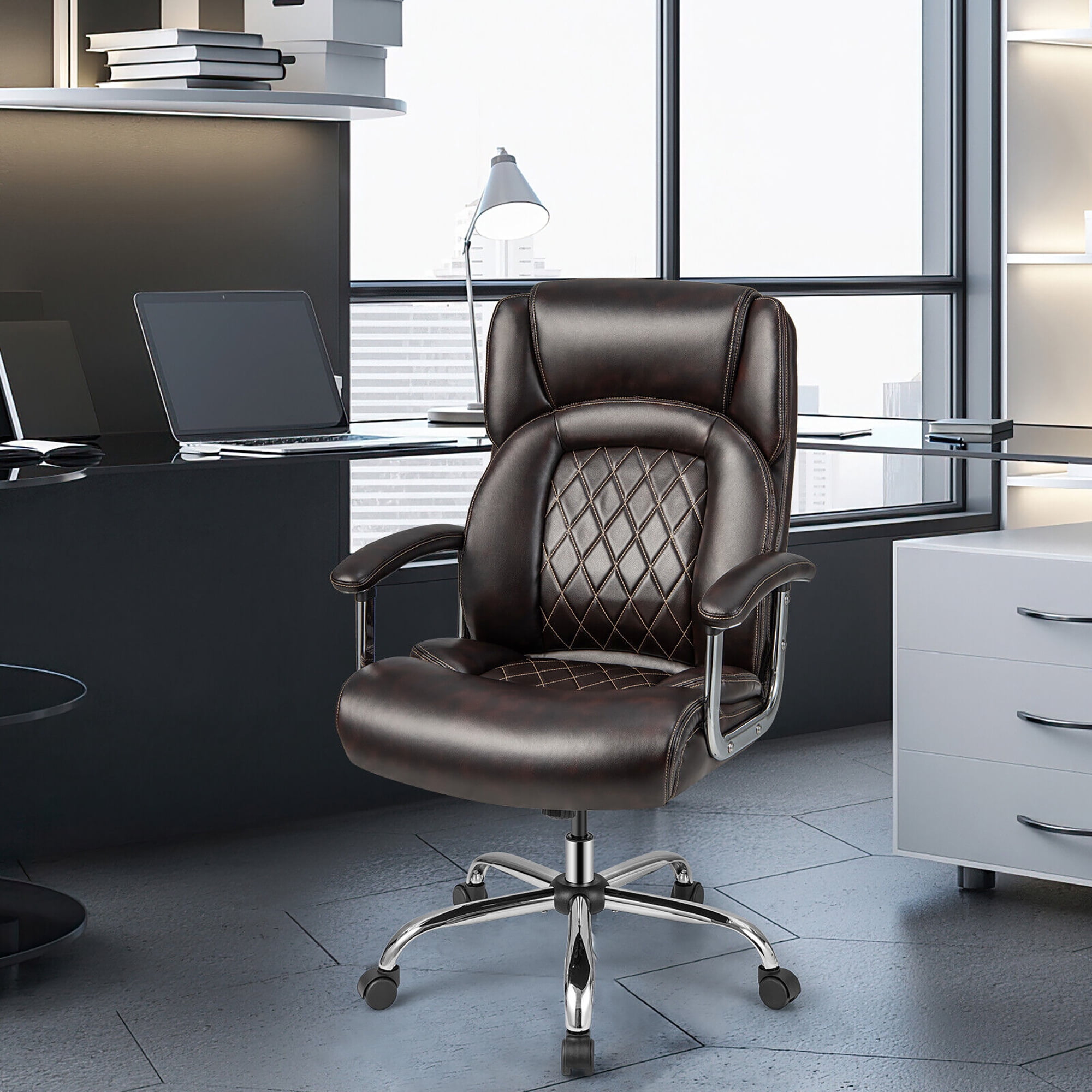 Gymax 500LBS High Back Big & Tall Office Chair Adjustable Leather Task Chair Brown