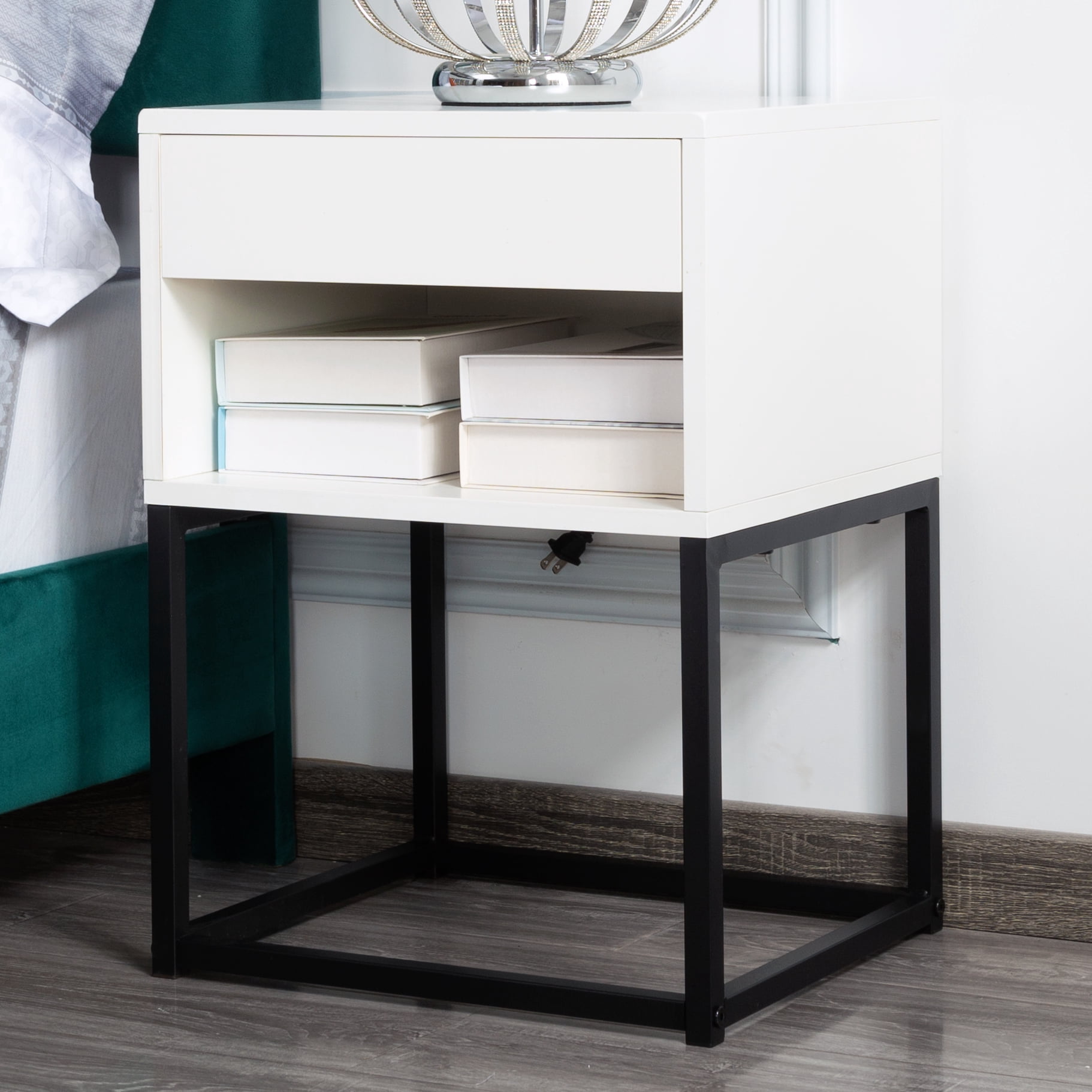 Gewnee 15.91”Nightstand with Drawer and Shelf,MDF & Metal Legs,Small Side Table for Bedroom,Living Room,Home Office,Easy Assembly.White