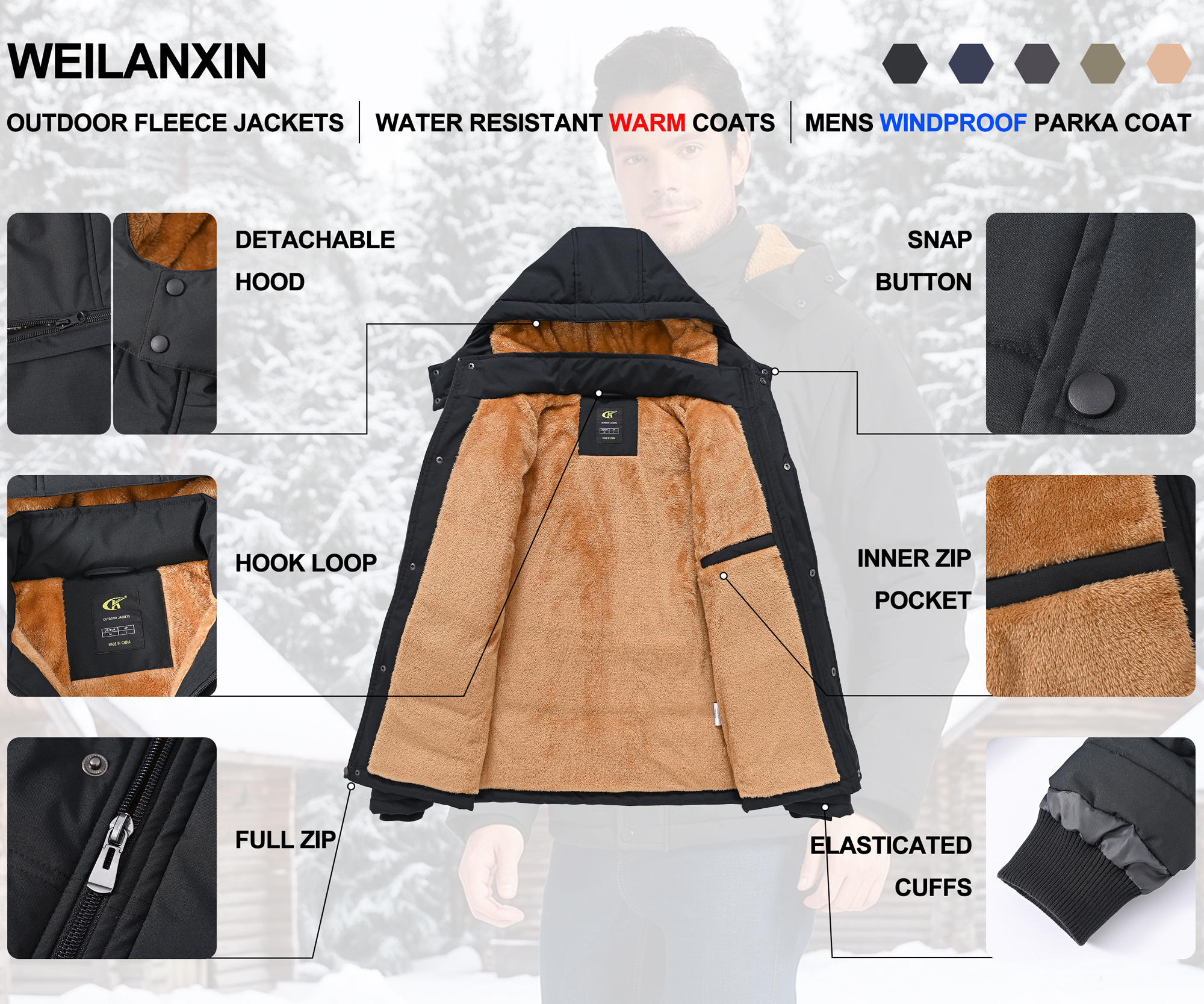 Weilanxin Men's Winter Parka with Fleece Lining and Hood photo 7
