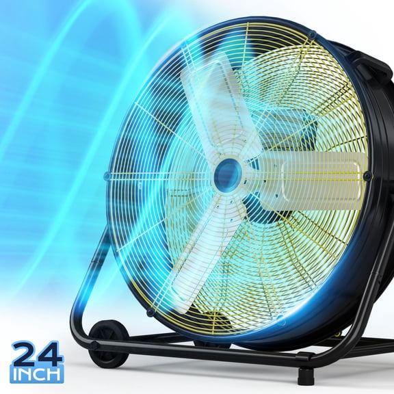 Nepsam 24" Industrial Drum Fan, 3 Speed Air Circulator w/180°Tilt, With Metal Wheels, for Commercial, Factory and Garage，Black