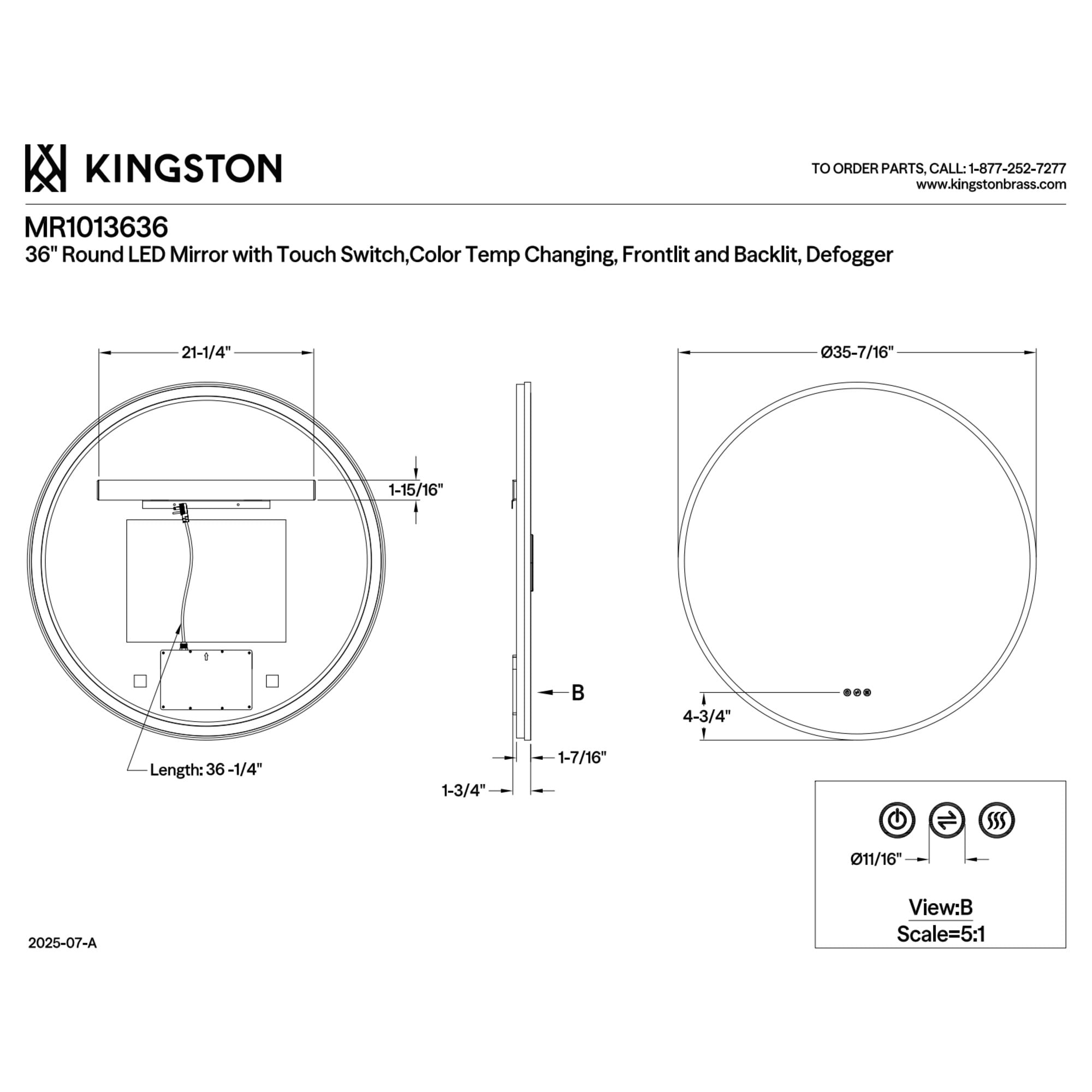 Kingston Brass MR1013636 Aurora 36-Inch Round LED Bathroom Mirror, Front and Back Light, Dimmable Touch Sensor Lighted Mirror in Silver/Gunmetal