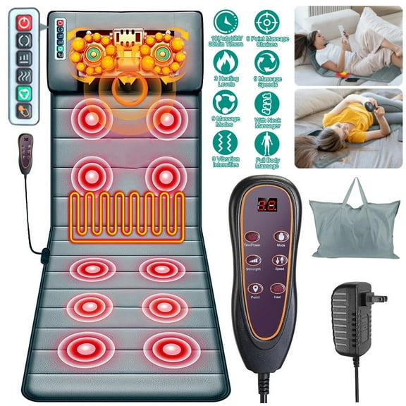 Electric Full Body Massage Mat with Heating, 10 Massage Points & Neck Massager, 9 Modes Adjustable Intensity, Portable Mat for Chair Bed Floor, Home Office Relaxation