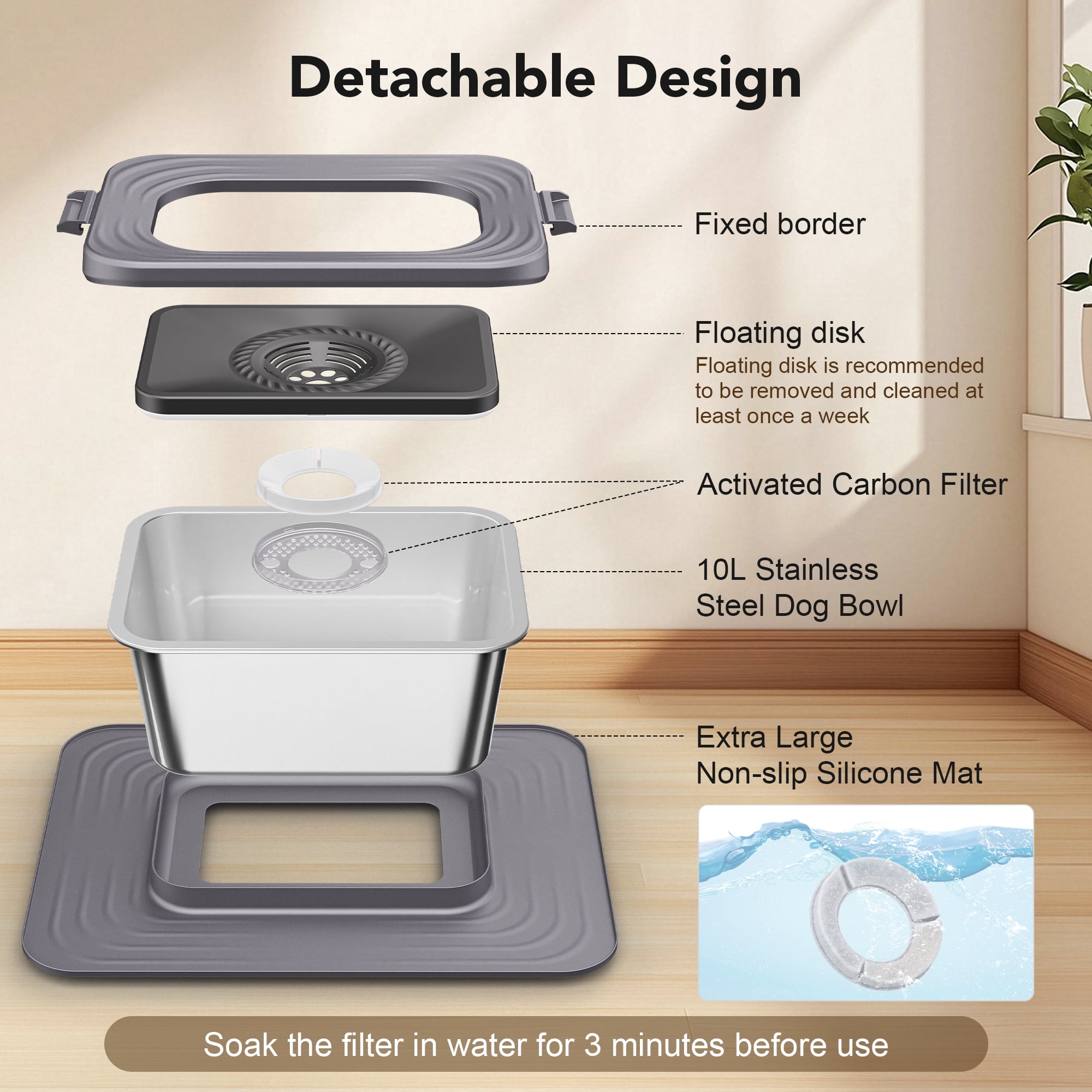 10l Dog Water Bowl Large Capacity Stainless Steel Dog Bowl, Anti-Splash Bowl With Large Size Silicone Anti-Slip Mat