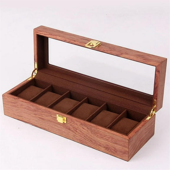 6 Slots Wood Watch Display Box Case Glass Top Locking Storage Organizer