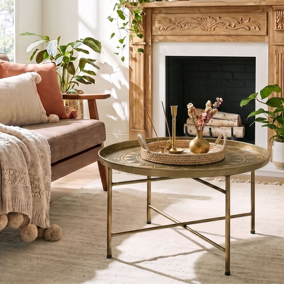 HOMCOM 24" Round Coffee Table with Hammered Tray Top, Vintage Metal Center Table for Living Room, Bedroom, Side Table, Gold