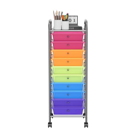 Rainbow Rolling Utility Cart with 10 Drawers, Portable Handles & Lockable Wheels - Large Capacity Storage for Home, Office & School Use