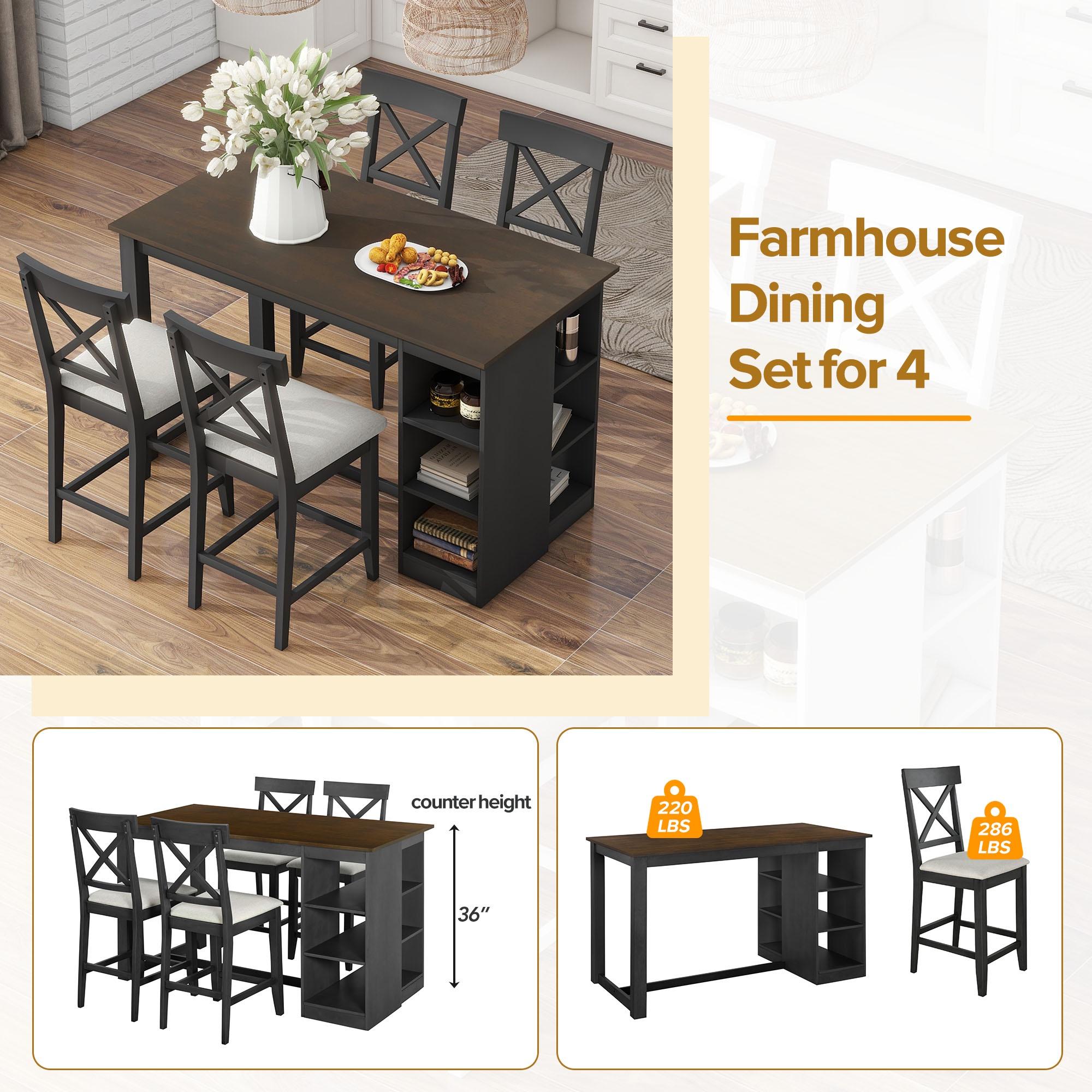 PORKISS 5 Piece Dining Table Set, Solid Wood Dining Table with 3-tier Storage Shelves, 4 Upholstered Chairs for Dining Room Kitchen Apartment, Gray