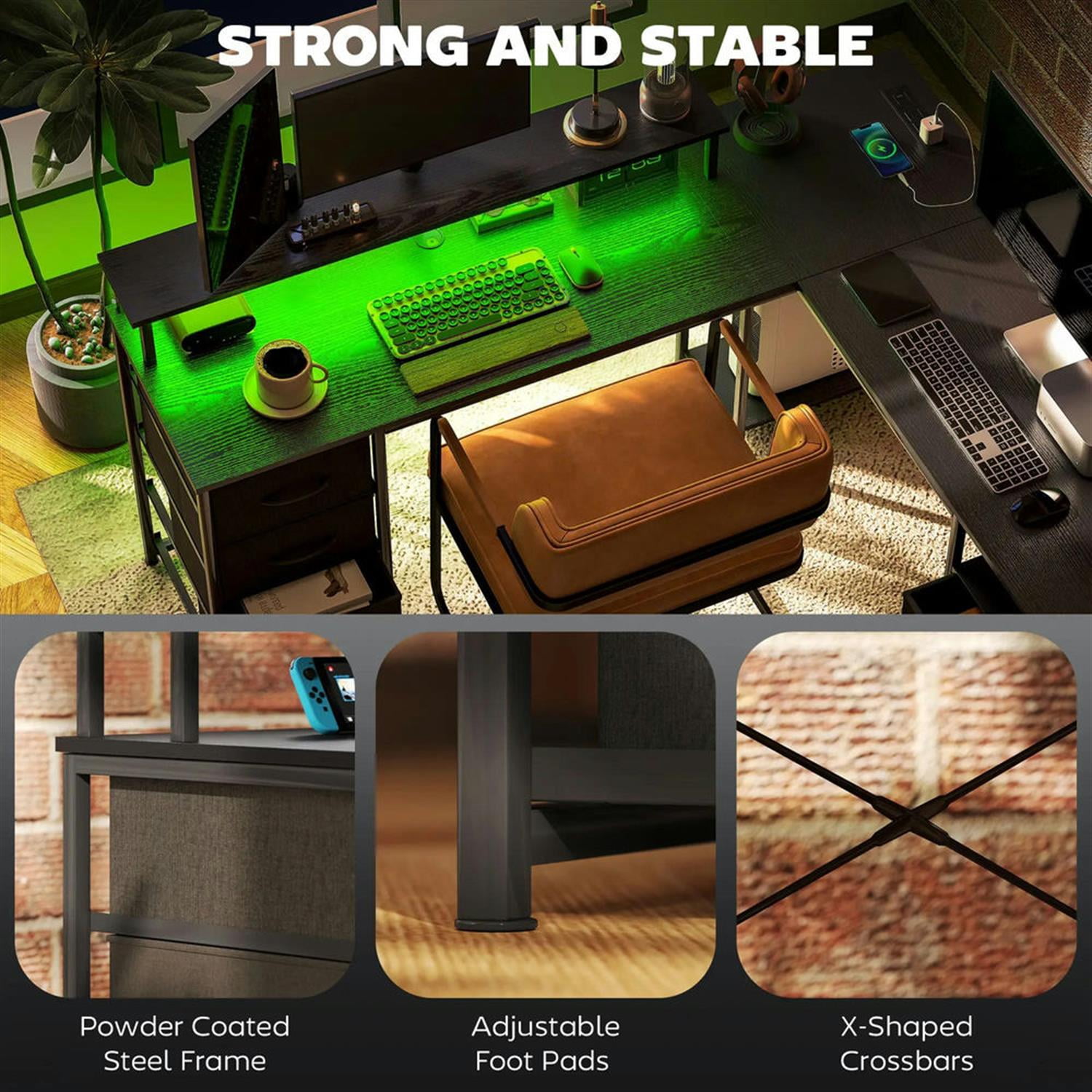 Demi Bonn 66" Reversible L Shaped Corner Office Desk with LED Lights and Power Outlets, Home Computer Desk for Living Room, Office, Study Table PC Desks, Black