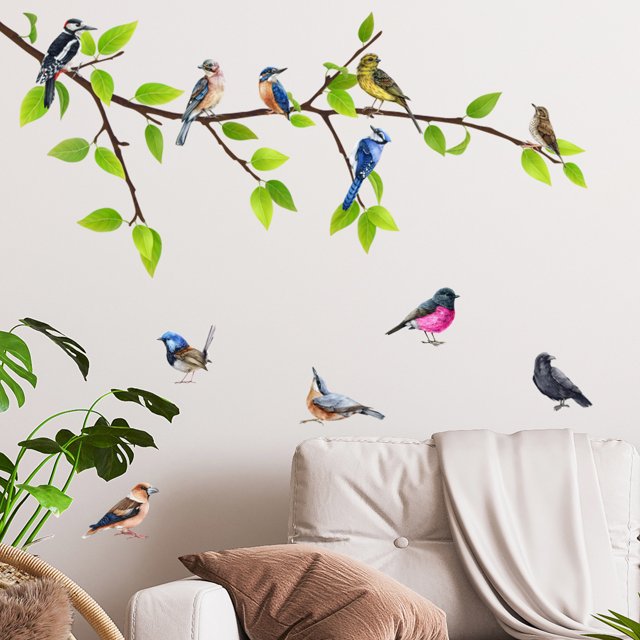 Un conjunto de pegatinas de pared de rama de árbol de pájaro, pegatina decorativa, pared