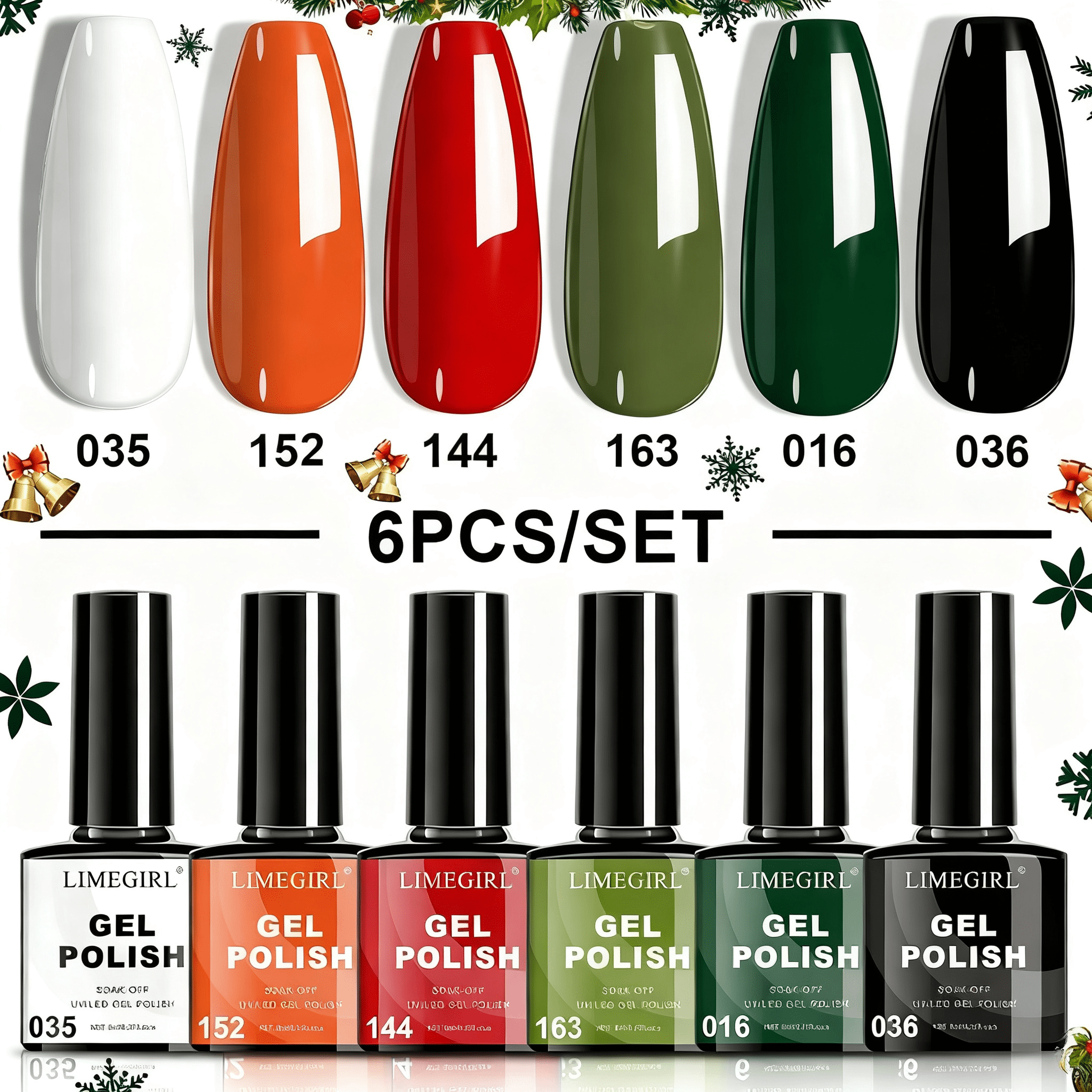 6Pcs Gel Polish Set, 6 Vibrant Colors UV Gel Nail Polish Red Blue Green Christmas Gift for Women Girls