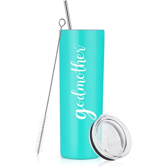 Godmother Stainless Steel Skinny Tumbler 20oz, Mother''s Day Skinny Travel Tumbler with Lid and Straw, Godmother Gift for Mother''s Day, Birthday, Christmas, Baptism, Aqua Blue